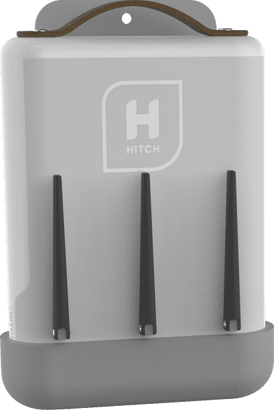 A grey device with three black antennas and a white HITCH logo